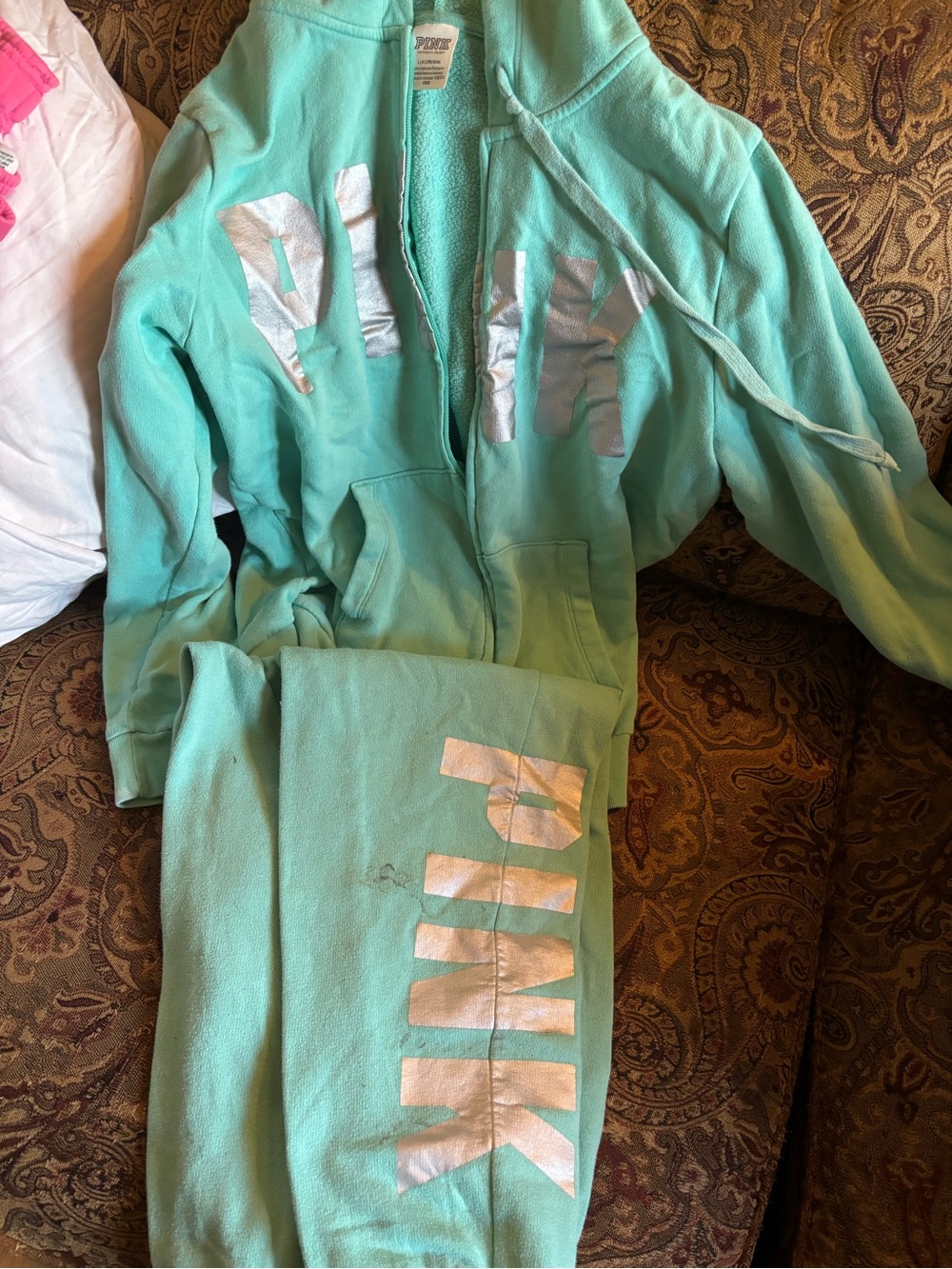 PINK Victoria's Secret Mint Green Zip Hoodie & Jogger Pajama Set